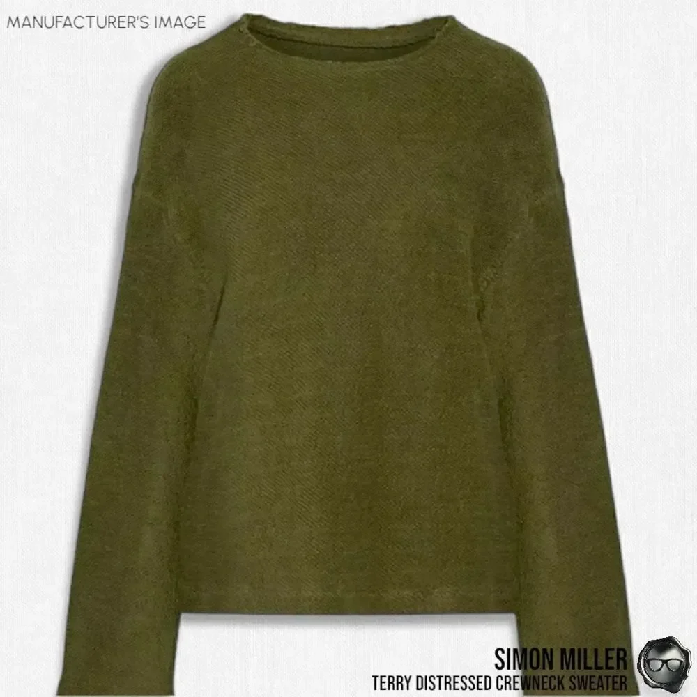 SIMON MILLER DISTRESSED CREWNECK SWEATER IN MOSS GREEN TERRY CLOTH 2016 OVERSIZE